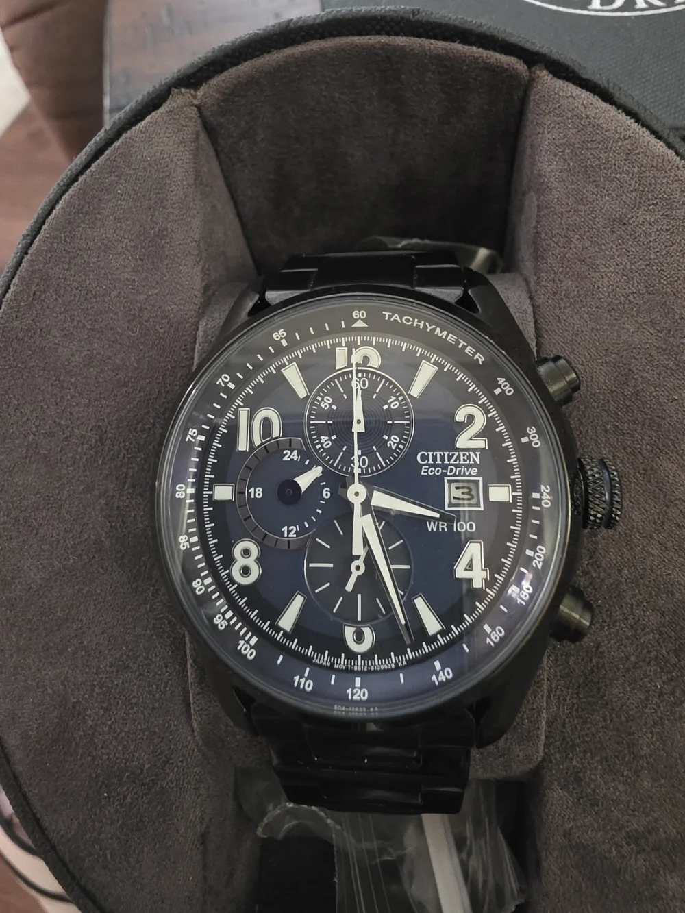 Citizen Eco-Drive Men's Black Chronograph Watch Navy Blue Dial (Brand NEW)